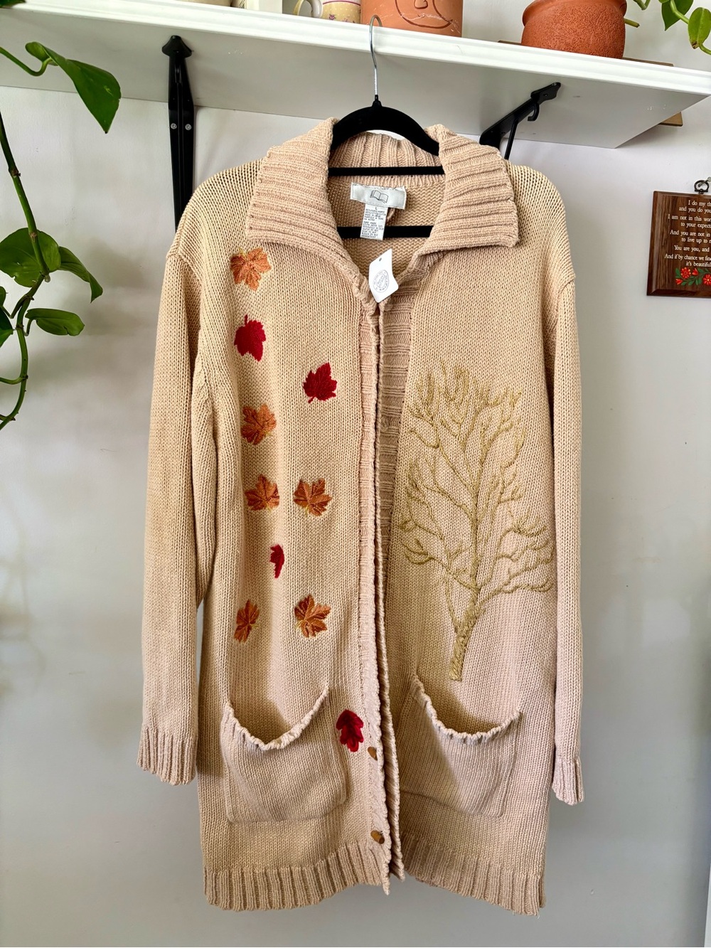 Beige Long Knit Cardigan with Autumn Leaf Embroidery